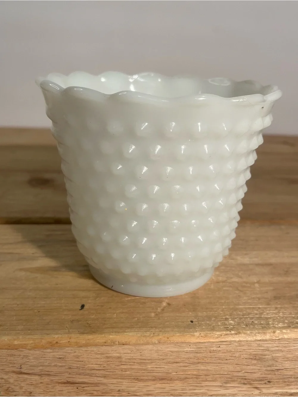 Vintage Fire King Milk Glass Hobnail & Bars Planter Vase Oven Ware 4.5” USA.